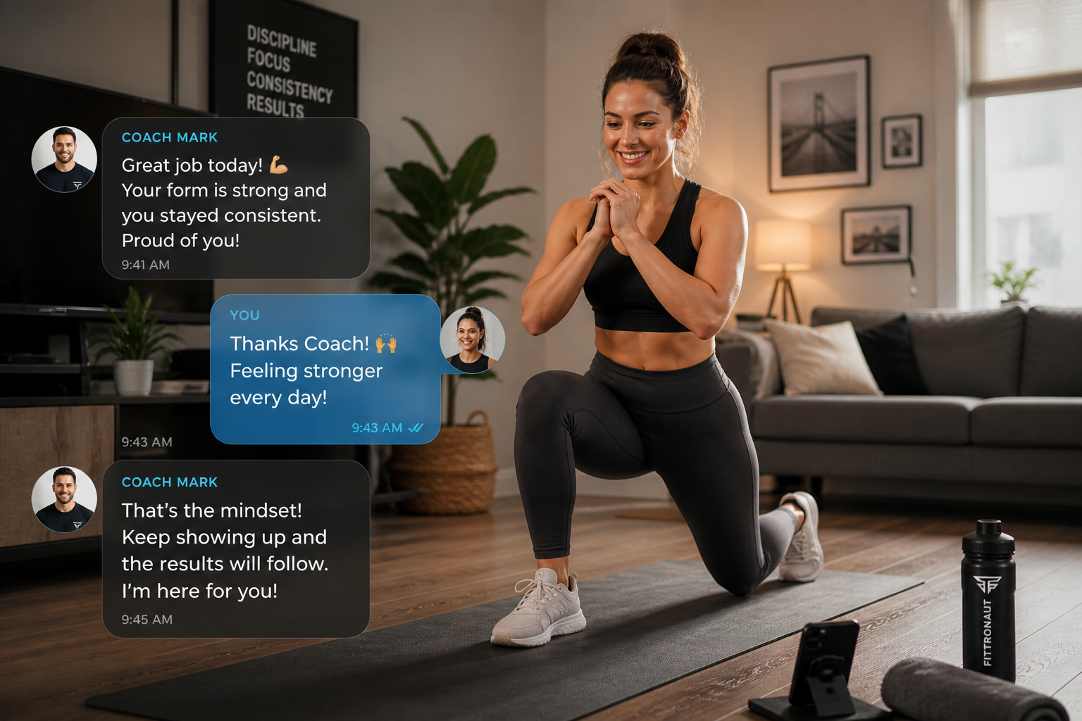 Woman working out at home with coach support